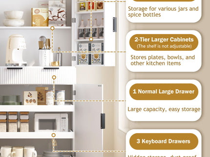 Fluted Kitchen Pantry Cabinet With 3 Keyboard Drawers & 6 Adjustable Door Shelves