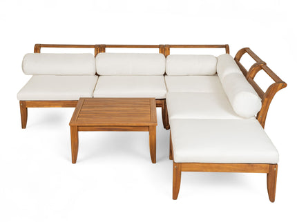 6 Piece Patio Sofa Set, Acacia Wood Outdoor Modular Sectional Garden Furniture Set L Shaped Conversation Set, Convertible Daybed With Tea Table, Ottoman, 5 Cushions And Pillows - Teak / Beige