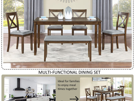 6 Pieces Kitchen Dining Set, Rectangular Wooden Dining Table With 4 Chairs And A Bench