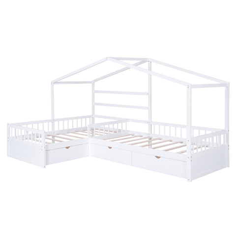 L Shape Platform Bed With 3 Storage Drawers
