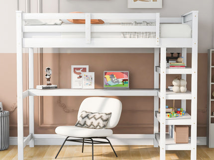 Loft Bed With Storage Shelves And Under Bed Desk