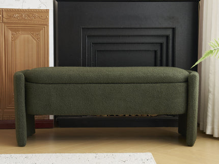 Elegant Long Shaped Storage Ottoman Bench, Boucle Material, Simple And Grand Design - Dark Green