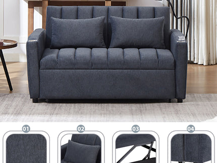 Convertible Sofa Bed Loveseat Sofa With Three USB Ports, Two Side Pockets, Two Cup Holders And 360° swivel Phone Holder For Living Room