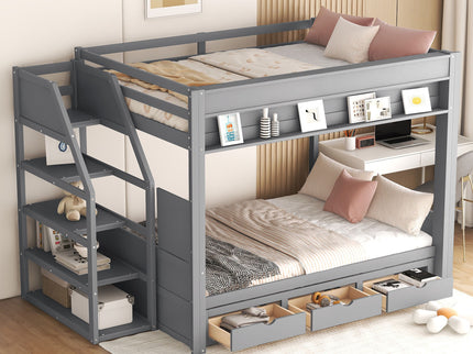 Wood Full Size Convertible Bunk Bed With Storage Staircase, Bedside Table, And 3 Drawers - Gray