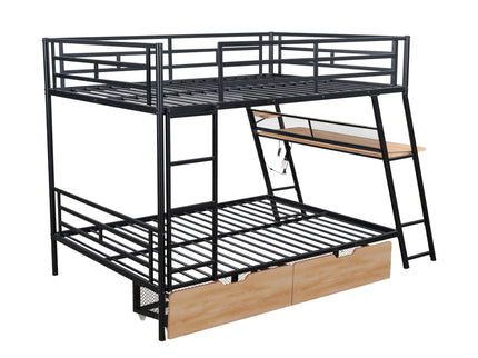 Full Size Bunk Bed With Built In Desk, Light, And 2 Drawers - Black