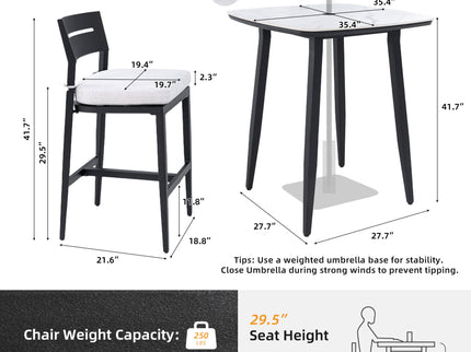 Modern Outdoor Patio Bar Set, Rounded Square Table & Bar Chairs, Non Rust Frame, Tapered Legs, Sunbrella Cushion