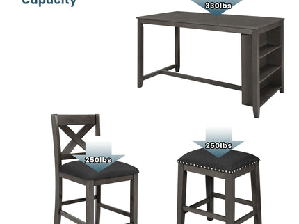 5 Pieces Counter Height Rustic Farmhouse Dining Room Wooden Bar Table Set With 2 Stools And 2 Chairs
