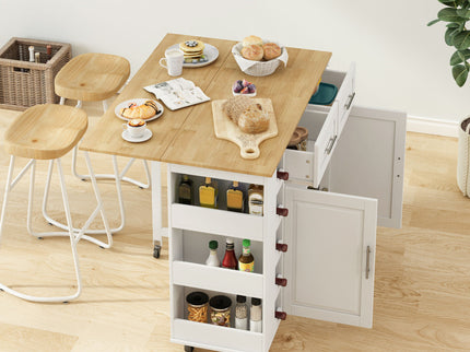 Kitchen Island Cart With 2 Door Cabinet, 2 Drawers, Spice Rack, Towel Holder, Wine Rack, And Foldable Top - White