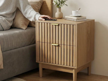 Bedside Table With Grille Design And 2 Drawers, Side Table For Bedroom - Oak