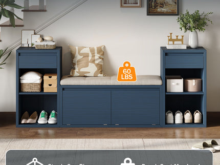 Entryway Storage Bench With Cushion, Drawers & Open Shelves