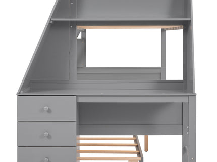 Bunk Bed With Trundle And Built In Desk, 3 Storage Drawers And Shelf