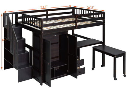 Loft Bed With Stairs, Bookshelf, Drawers, Desk & Wardrobe, Space Saving Multifunctional Furniture