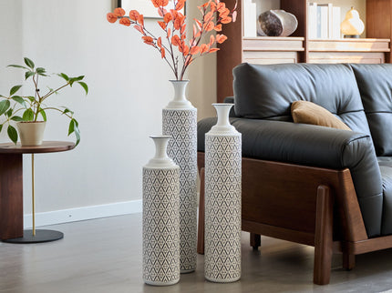 Modern Floor Vase Set Metal Vases With Geometric Pattern, 3 Piece Home Decor Set - White / Black
