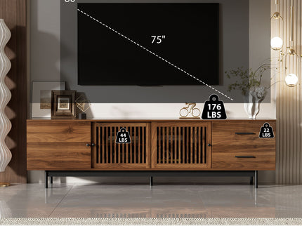 TV Stand, Media Console With 2 Drawers, Soft Closing Hinges, Adjustable Shelves, Slatted Design - Walnut