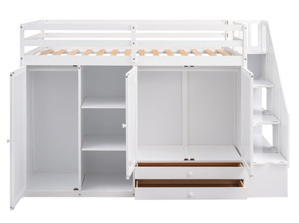 Loft Bed With 3 Shelves, 2 Wardrobes, 2 Drawers, Ladder Storage