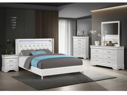 Modern Bed With LED Lights, Charging Port, Tufted Headboard
