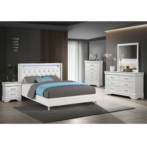 Modern Bed With LED Lights, Charging Port, Tufted Headboard