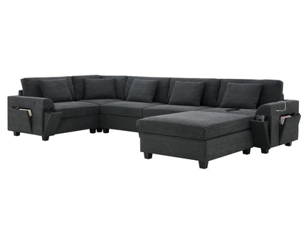 U Shaped Sectional Sofa 6 Seat Couch Set With Oversized Ottoman, Hidden Armrest Storage And Cup Holders USB Charging Ports Wide Seat Sofa