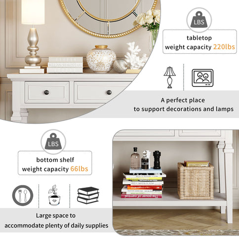 Classic Retro Style Console Table With 3 Top Drawers And Open Style Bottom Shelf - Antique White