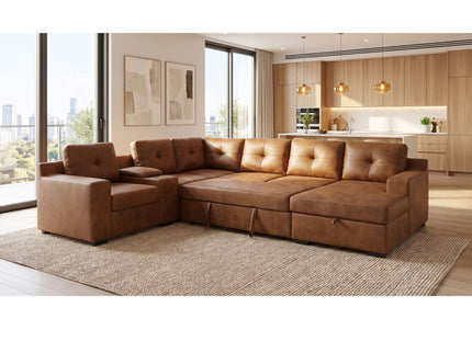 U - Shape Sectional Pull Out Bed With Console, Storage, And USB Charging