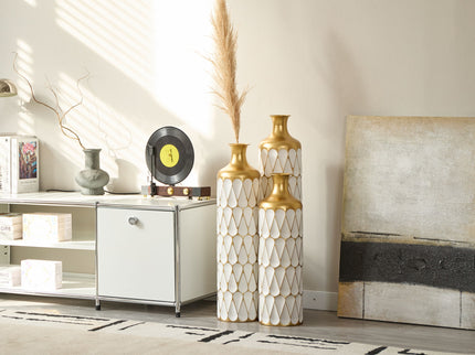Floor Metal Vase Modern Style Decoration Home Droplet Shaped Metal Vase 3 Piece Set Gorgeous Home Decoration Large Glazed Metal Vase - Gold / White