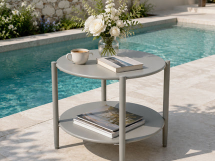 Round Outdoor Coffee Table With Shelf For Garden - Gray