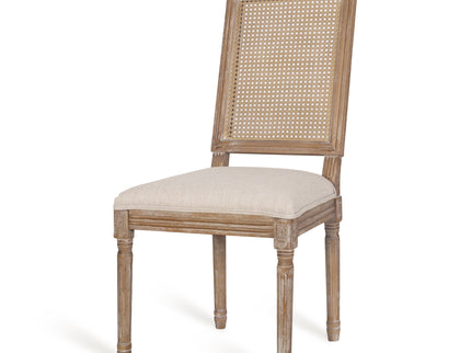 French Country Dining Chair With Rectangular Cane Backrest And Smooth Upholstered Seating