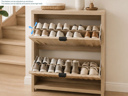 Entryway Shoe Cabinet With Vertical Carved Panels - Oak