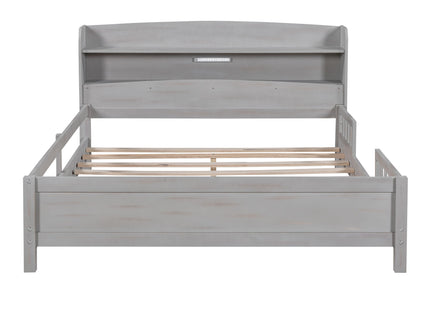 Wood Platform Bed With Built In LED Light, Storage Headboard And Guardrail