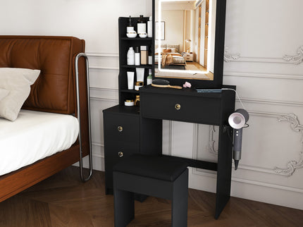 Vanity Desk With 3 LED Lighting Modes, 4 Drawers, Open Shelves, Hair Dryer Holder & Power Socket Dressing Table Set With Chair - Black