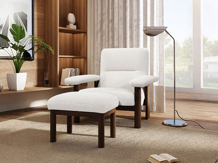 Modern Accent Chair With Ottoman, Mid Century Lounge Chair With Footrest, Comfy Fabric Armchair Upholstered Set With Solid Wood Frame For Living Room - White