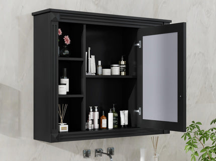 Wall-Mounted Bathroom Storage Cabinet With Mirror, 6 Open Shelves - Black