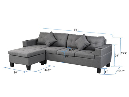 Modern Sectional Sofa Set With L Shape Chaise Lounge, Cup Holder, 4 Seat - Gray