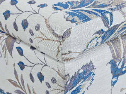 Luxury Storage Ottoman With Floral Patterned Fabric, Soft Close Hinges, Functional Footrest & Seat - Blue Flower / Blue Multi