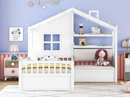 House Bed With Sofa, Kids Platform Bed With 2 Drawers And Storage Shelf