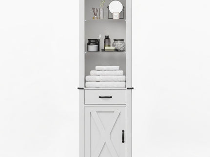 Pantry Cabinet With LED Lights And Barn Door With Tempered Glass Shelves - White