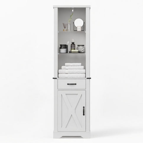 Pantry Cabinet With LED Lights And Barn Door With Tempered Glass Shelves - White