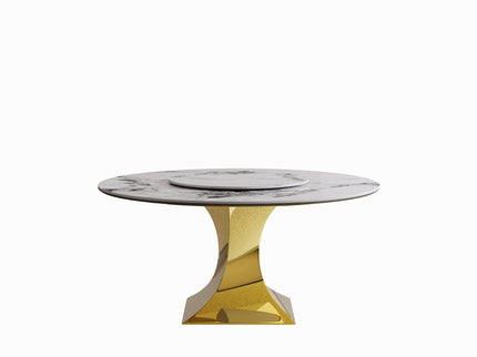 Luxury Round 59" Sintered Stone Dining Table With Stainless Steel Hourglass Base, Scratch & Heat Resistant Surface - Golden / White