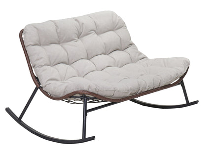 Double Wide Rocking Papasan Chair, 2 Person Outdoor Lounge Seating - Acacia Wood / Beige