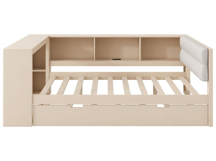 Upholstered Headboard Platform Bed With Storage Shelves, Trundle, Charging Station
