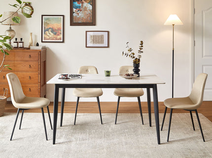 Mid Century Modern Dining Table Round White Sintered Stone Top Heavy Duty Metal Legs Waterproof Surface For Kitchen Dining Room Or Office Furniture - White / Black