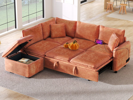 Convertible Sofa Bed Sectional Sofa Sleeper L-Shaped Sofa With A Storage Ottoman, Two Pillows, Two Power Sockets And Two USB Ports For Living Room