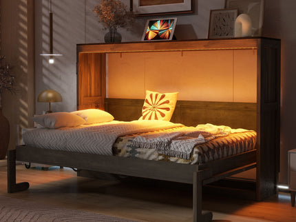Murphy Bed With LED Light, Foldable Wall Bed Cabinet