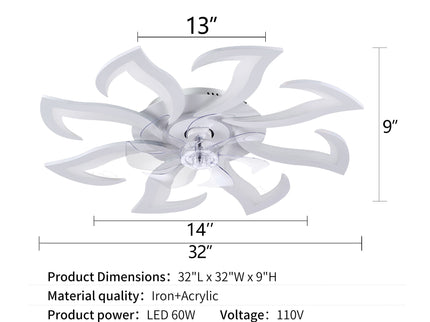 Flower Ceiling Fan With Remote Controlled LED Light, Flush Mount DC Motor Fan