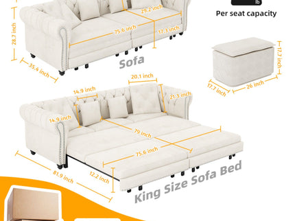 3 In 1 Convertible Sleeper Sofa Bed With Movable Ottoman