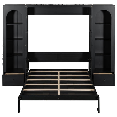 French Style Murphy Platform Bed With Shelf, Side Cabinets, Drawers And LED