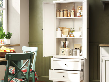 Pantry Cabinet With 2 Drawers, Freestanding Kitchen Storage Cabinet With Adjustable Shelves, Heavy-Duty Organizer For Spices, Dishware, Small Appliances - White