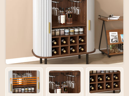 Fluted Wine Bar Cabinet With 8 Grid Wine Rack, 5 Level Adjustable Shelves, 2 Glass Holders