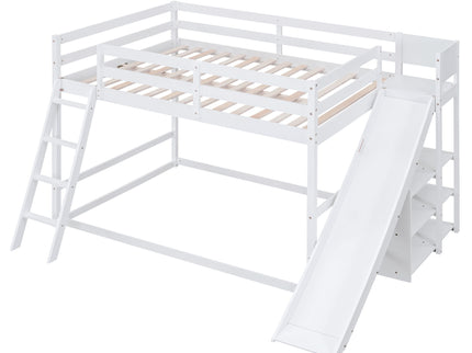 Bunk Bed With Ladder, Slide, And Shelves Pine Wood
