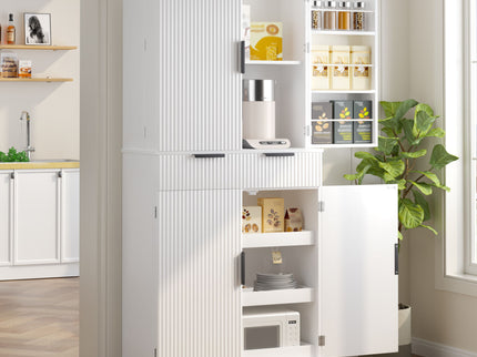 Fluted Kitchen Pantry Cabinet With 3 Keyboard Drawers & 6 Adjustable Door Shelves